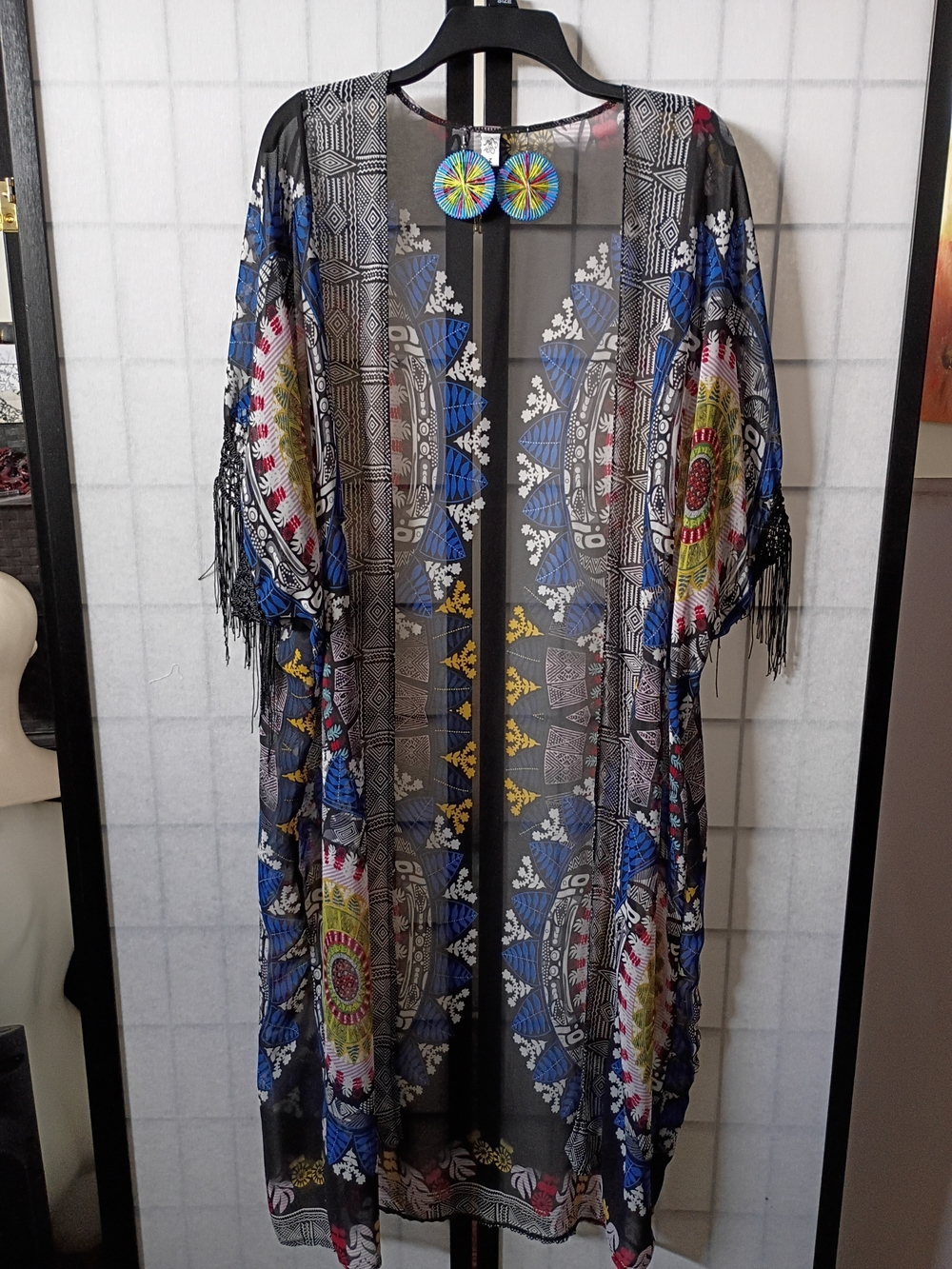 Sheer Bohemian Fringe Kimono Jacket with Matching Earrings